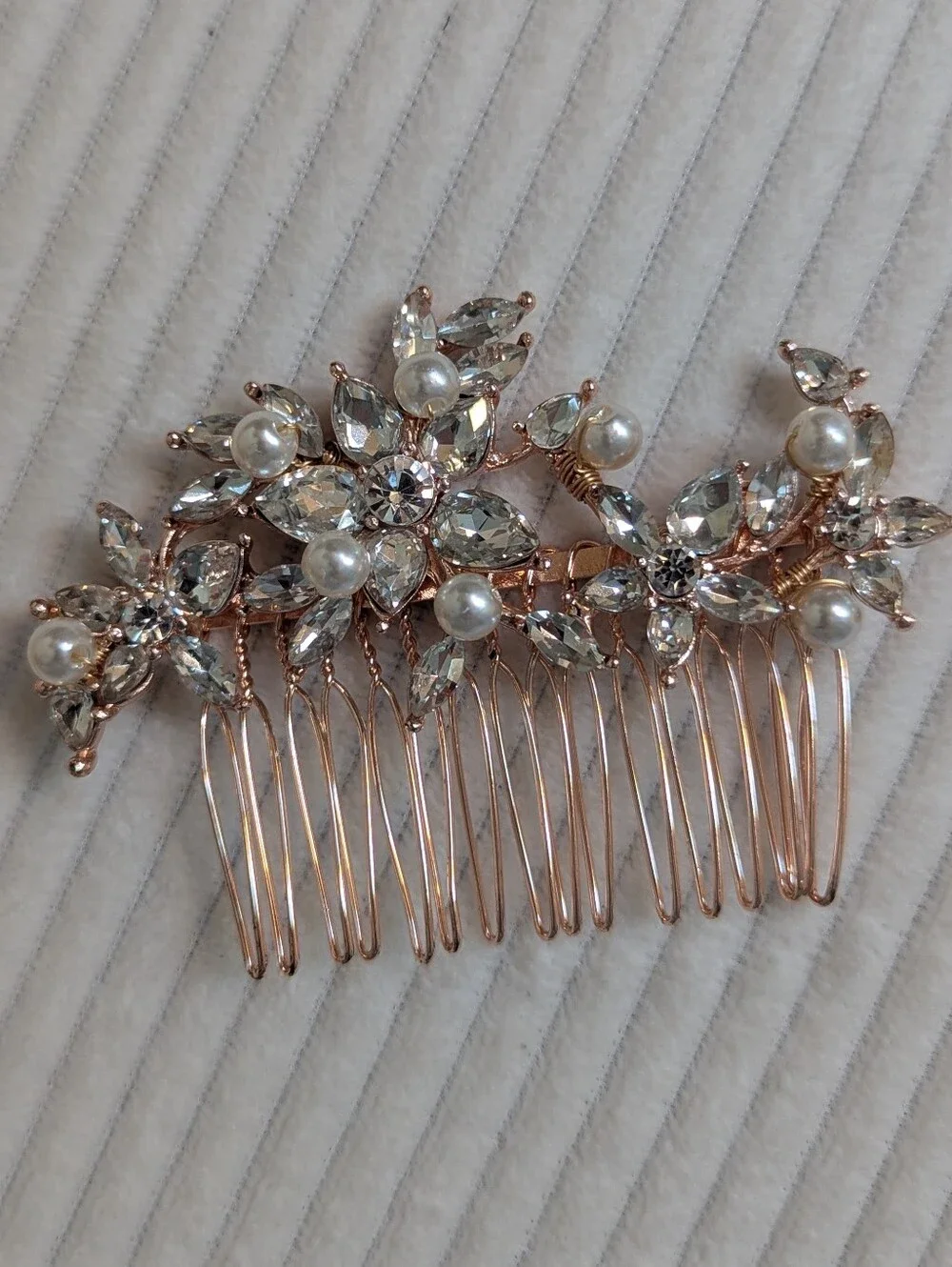 Rose Gold Pearl & Crystal Floral Hair Comb